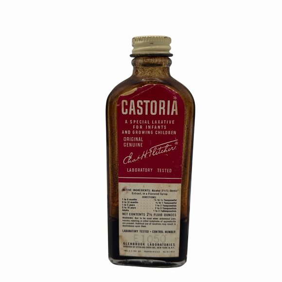 VINTAGE CASTORIA LAXATIVE GLASS BOTTLE BY CHAS H FLETCHER APOTHECARY COLLECTIBLE - Picture 2 of 7